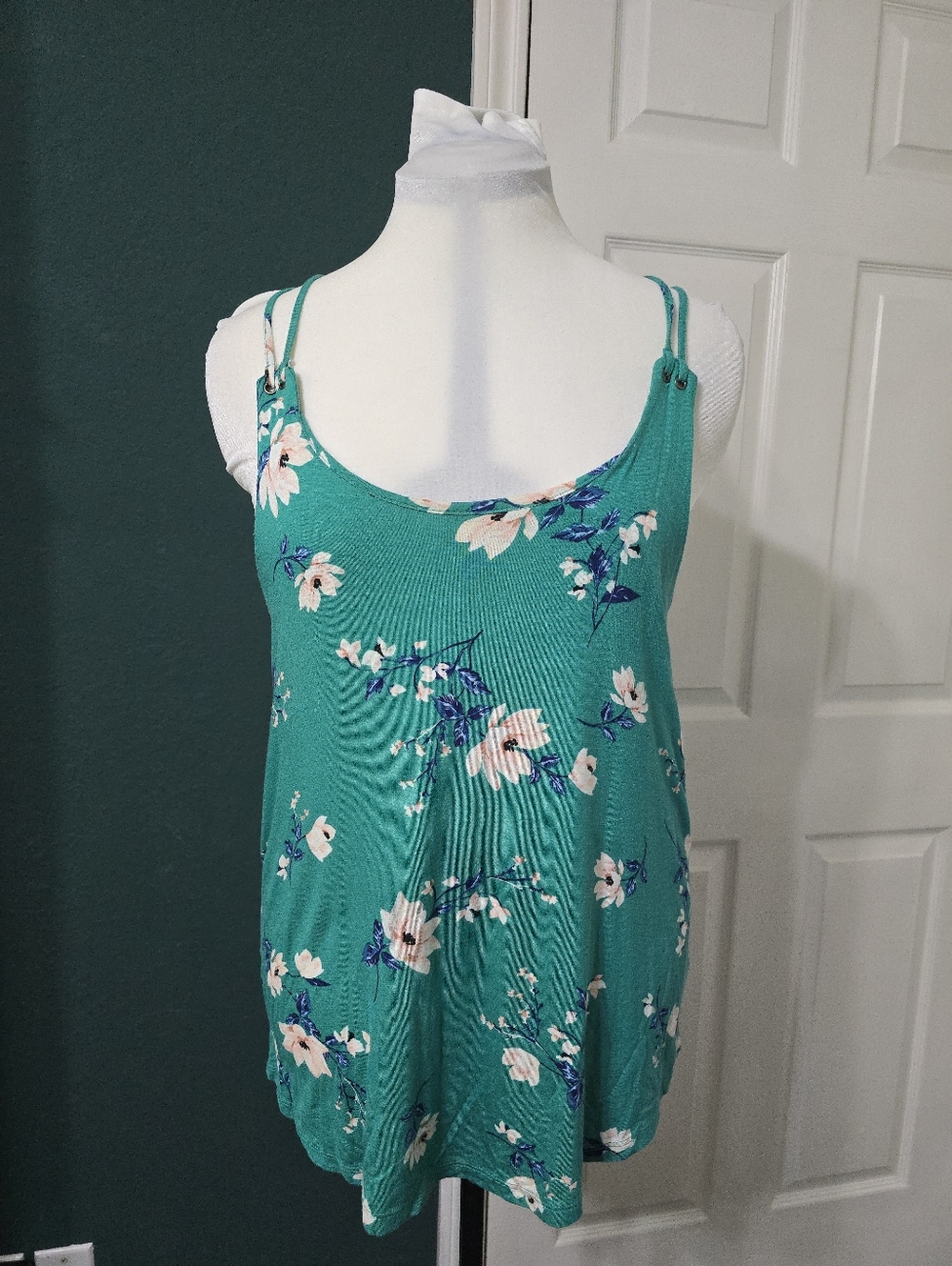Pink Rose Teal Floral Camisole Tank Top Size Large Double Spaghetti Straps Vacay